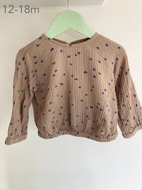 🪴5/$30 Zara 12-18 Months Toddler Girl Heart Brown Long Sleeve Top Crinkle Gauze